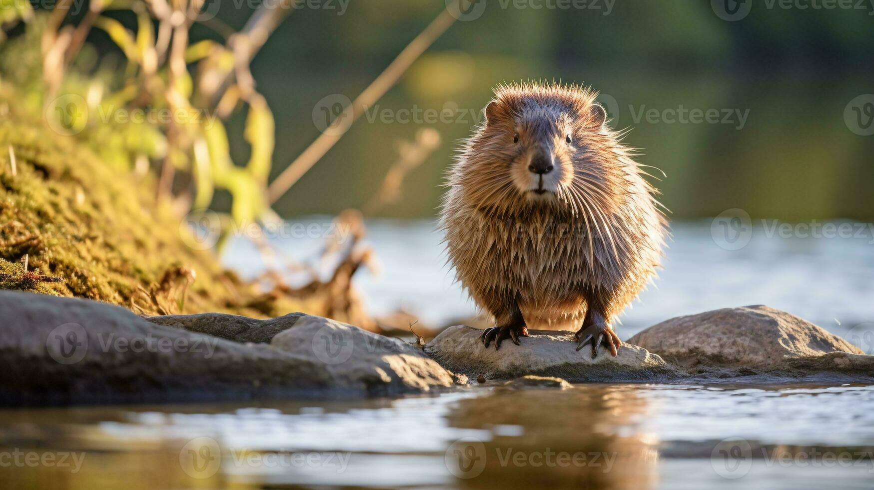 Close-up photo of a Muskrat looking in their habitat. Generative AI