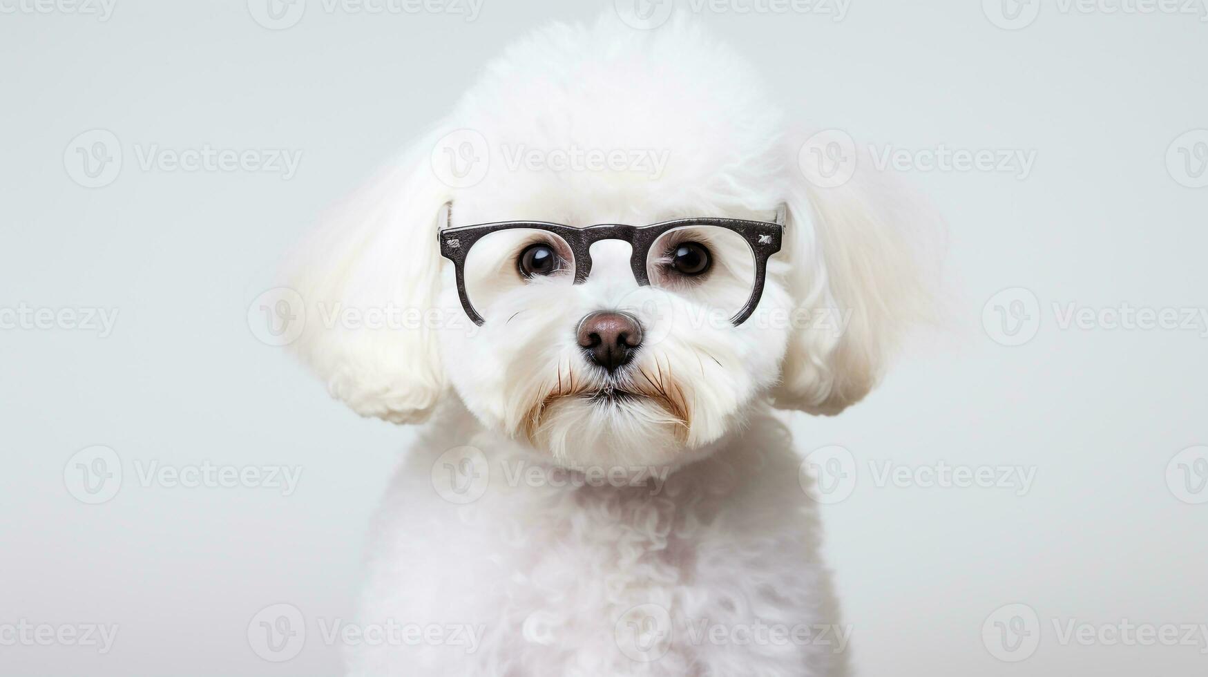 Photo of a Bichon Frise dog using eyeglasses isolated on white background. Generative AI