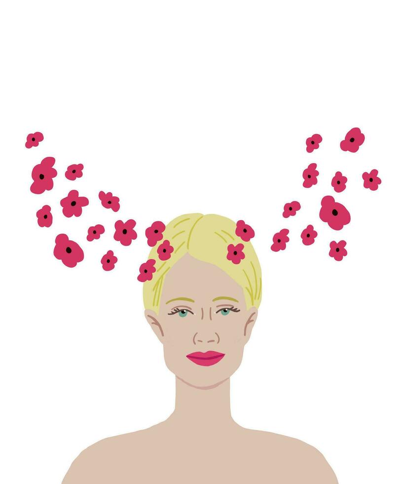 Concept illustration of the beautiful woman with flowers going from her head. Romantic mood illustration. Beautiful blond woman portrait on white vector