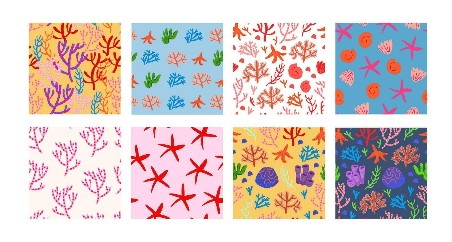 Pattern bundle with underwater world patterns, coral reefs, sea star, seashell, under the sea tropical resort pattern collection vector