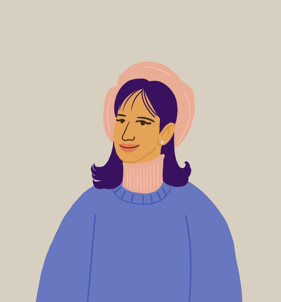 hermosa hembra retrato de el medio Envejecido mujer vistiendo acogedor otoño ropa, mujer en boina, 90s estilo mujer atuendo. antiguo mujer retrato vector