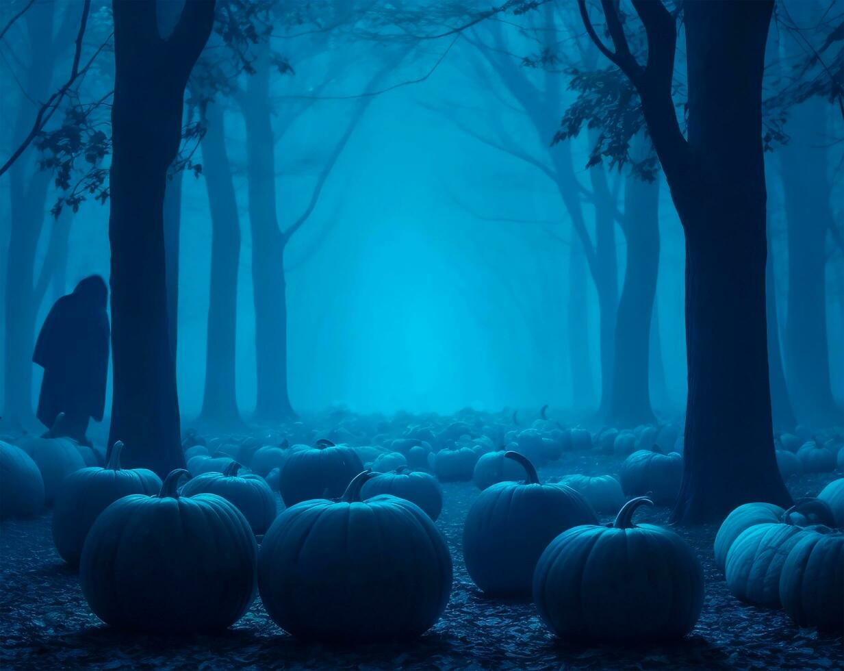 Halloween pumpkins in forest at spooky night photo