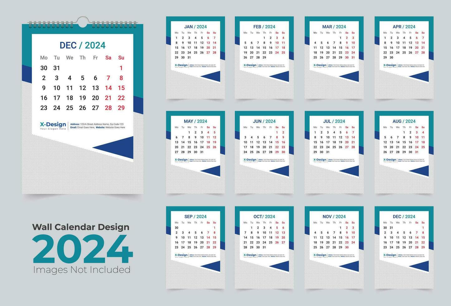 Monthly calendar template for 2024 year, 12 Pages Wall calendar 2024, New year wall calendar vector