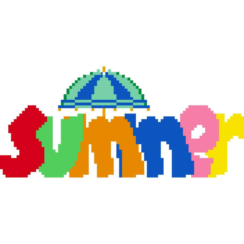 Summer cartoon icons in pixel style. vector