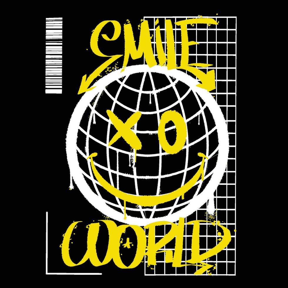 Graffiti face globe street wear illustration with slogan smile world vector