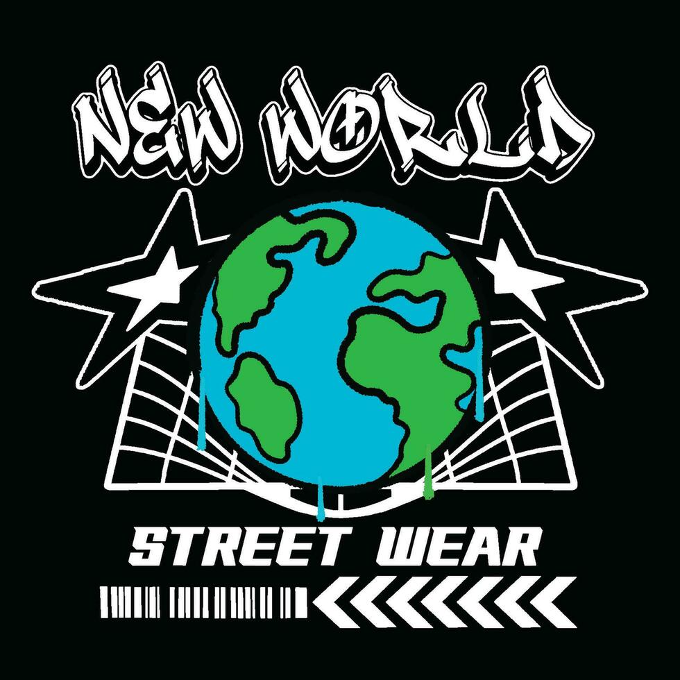 Graffiti earth street wear illustration with slogan new world vector