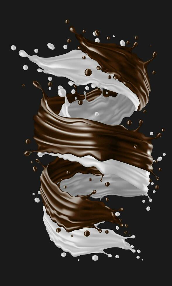 realista 3d Leche y chocolate espiral mezcla diseño para comida bebida en gris antecedentes vector