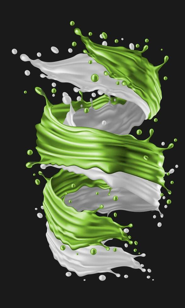 Realistic 3D milk and green tea spiral mix design for food drink on grey background vector