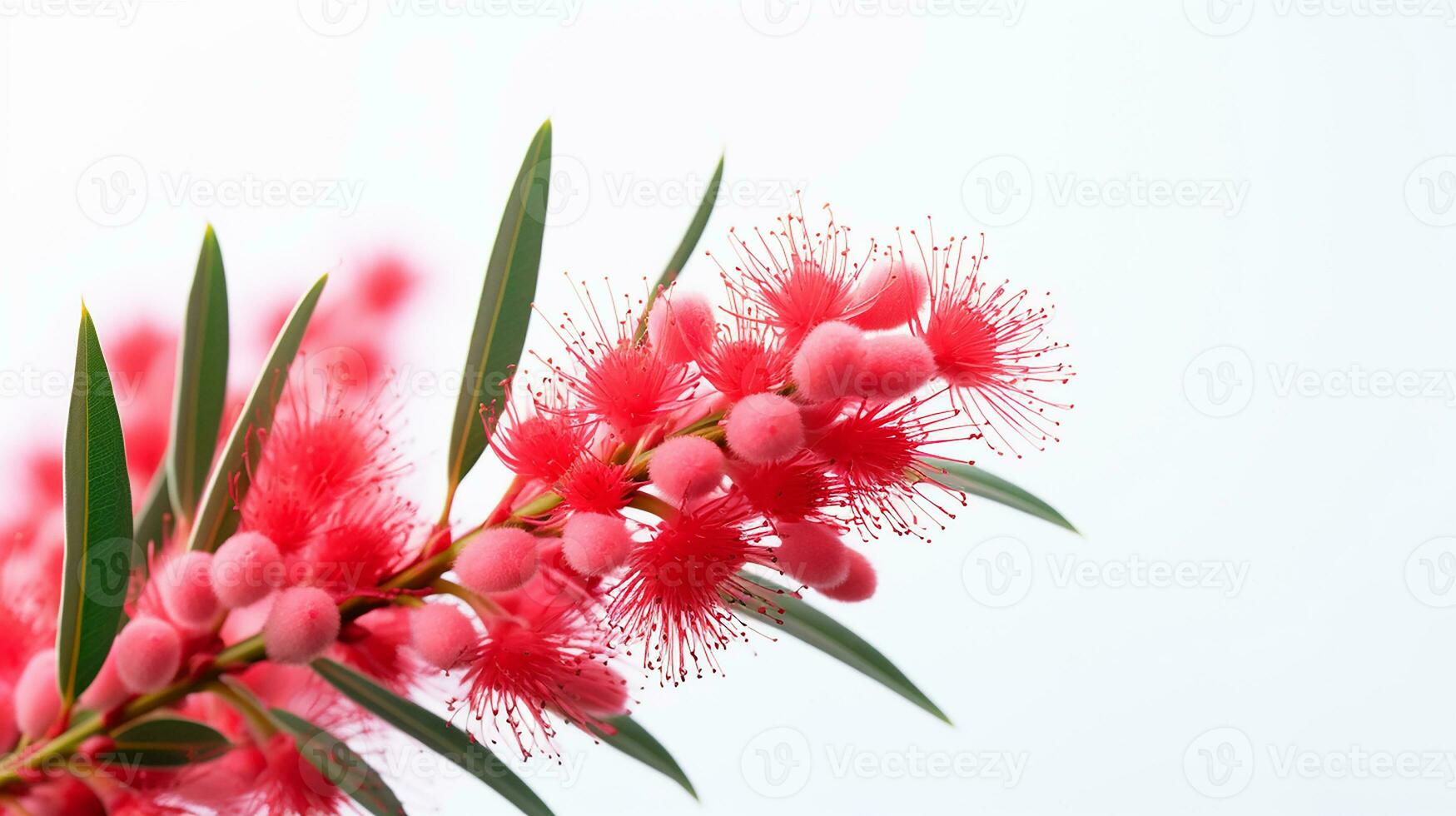 Photo of beautiful Bottlebrush flower isolated on white background. Generative AI