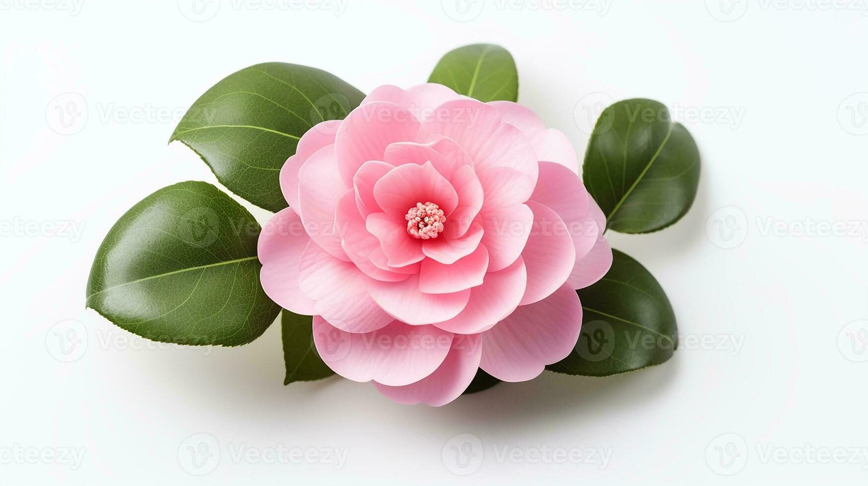 Photo of beautiful Camellia flower isolated on white background. Generative AI