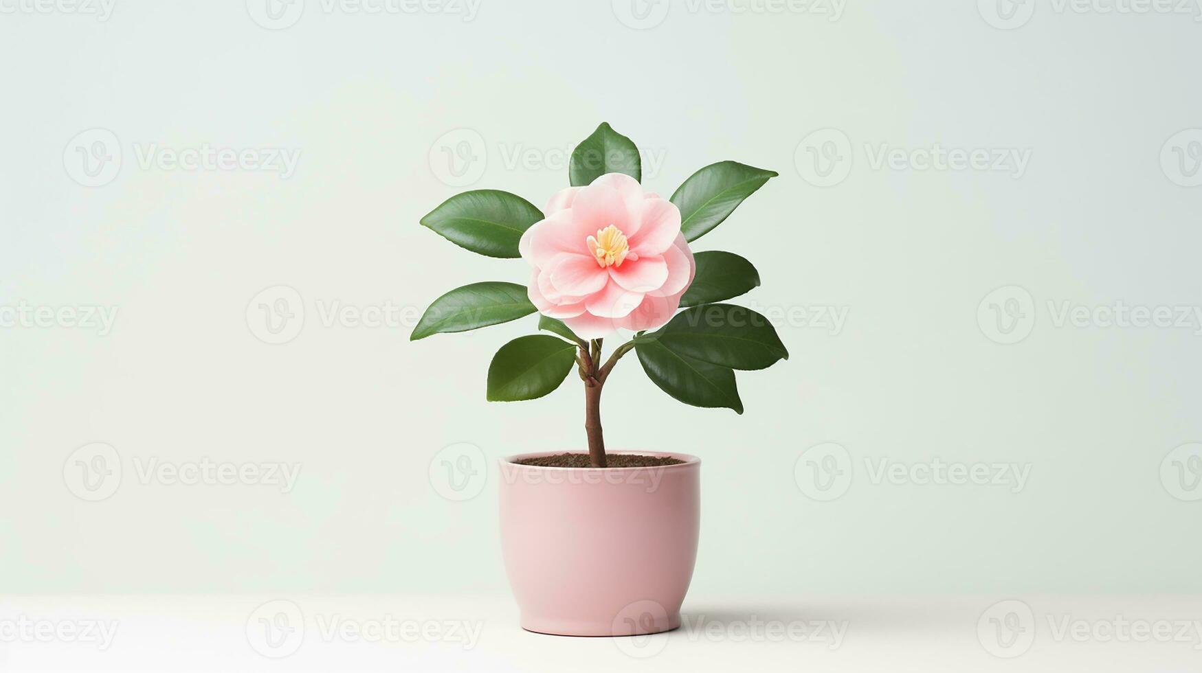 Photo of Camellia flower in pot isolated on white background. Generative AI