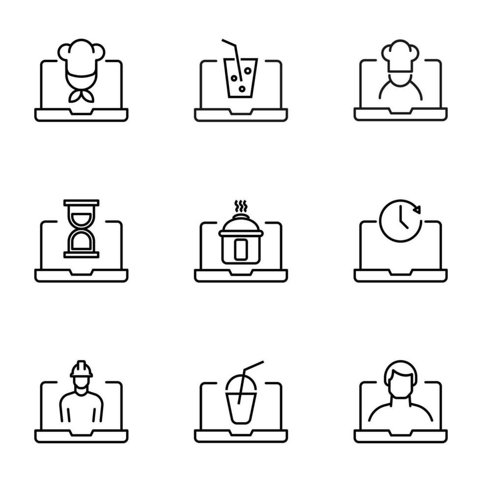 Vector line icon set for web sites, stores, banners, infographic. Signs of chef, soda, hourglass, multicooker, clock, builder, man on laptop