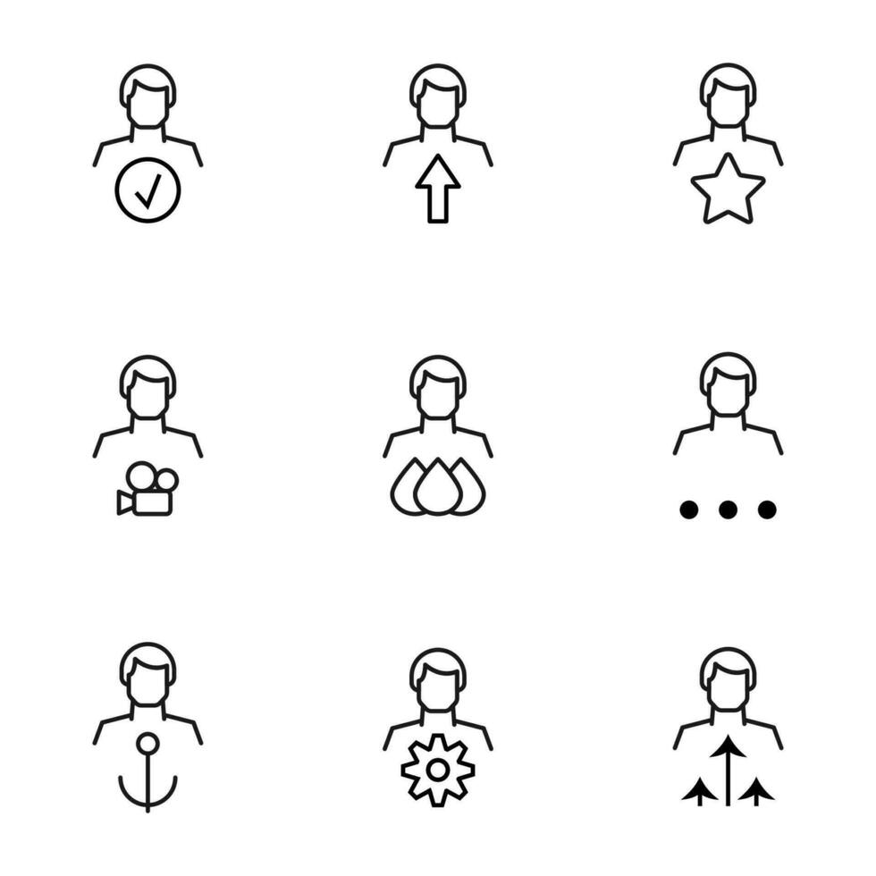 Vector line icon set for web sites, stores, banners, infographic. Signs of check, arrow, star, camera, drops, anchor, gear near faceless male user