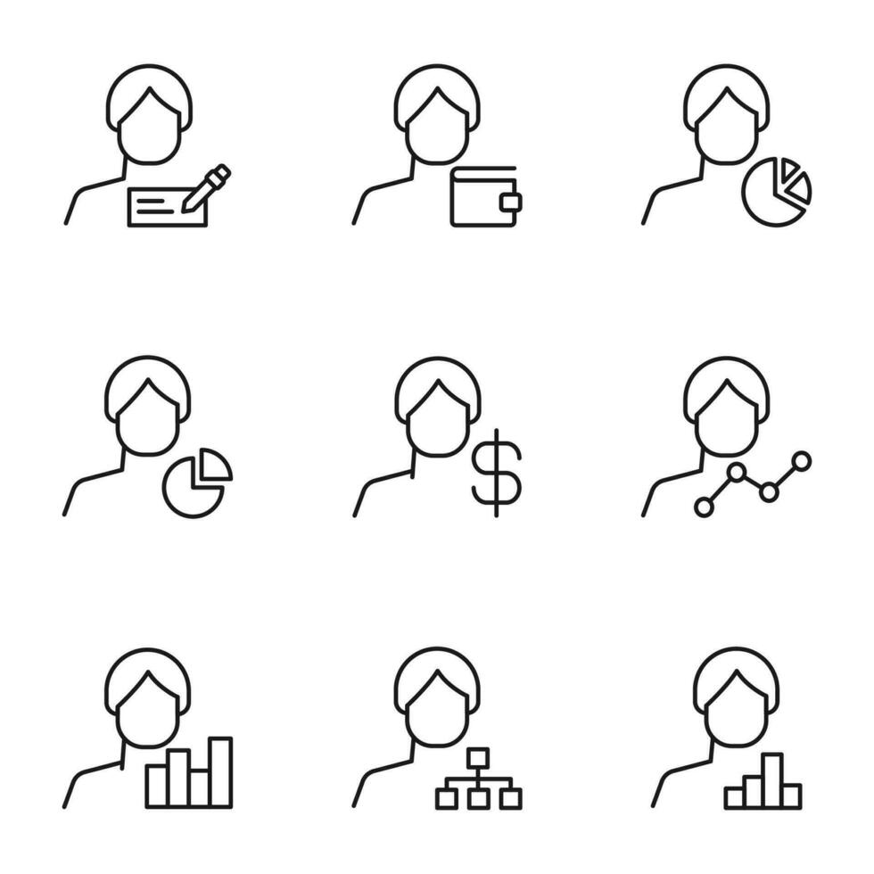 Vector line icon set for web sites, stores, banners, infographic. Signs of business card, wallet, chart, dollar, progress, map by faceless male user