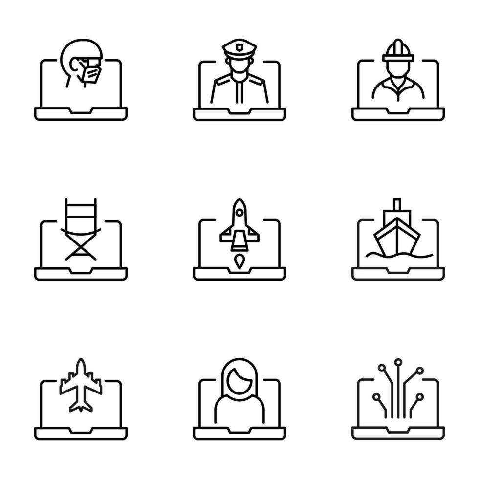 Vector line icon set for web sites, stores, banners, infographic. Signs of pilot, builder, directors chair, ship, spaceship, plane, woman, chip on laptop