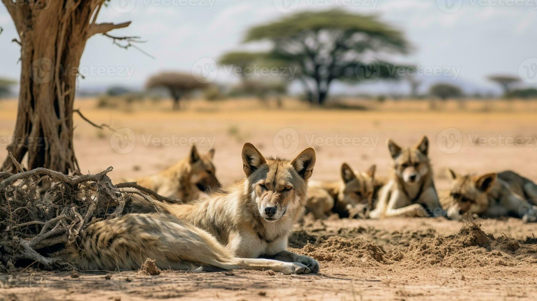 Photo of a herd of Wolf resting in an open area on the Savanna. Generative AI