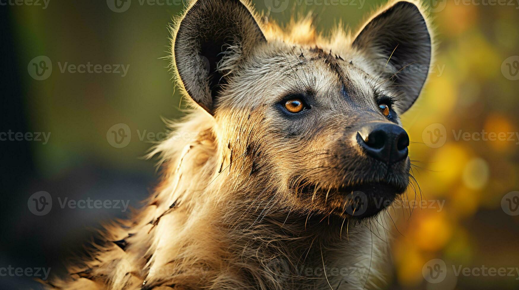 de cerca foto de un hiena mirando ninguna dirección en selva. generativo ai