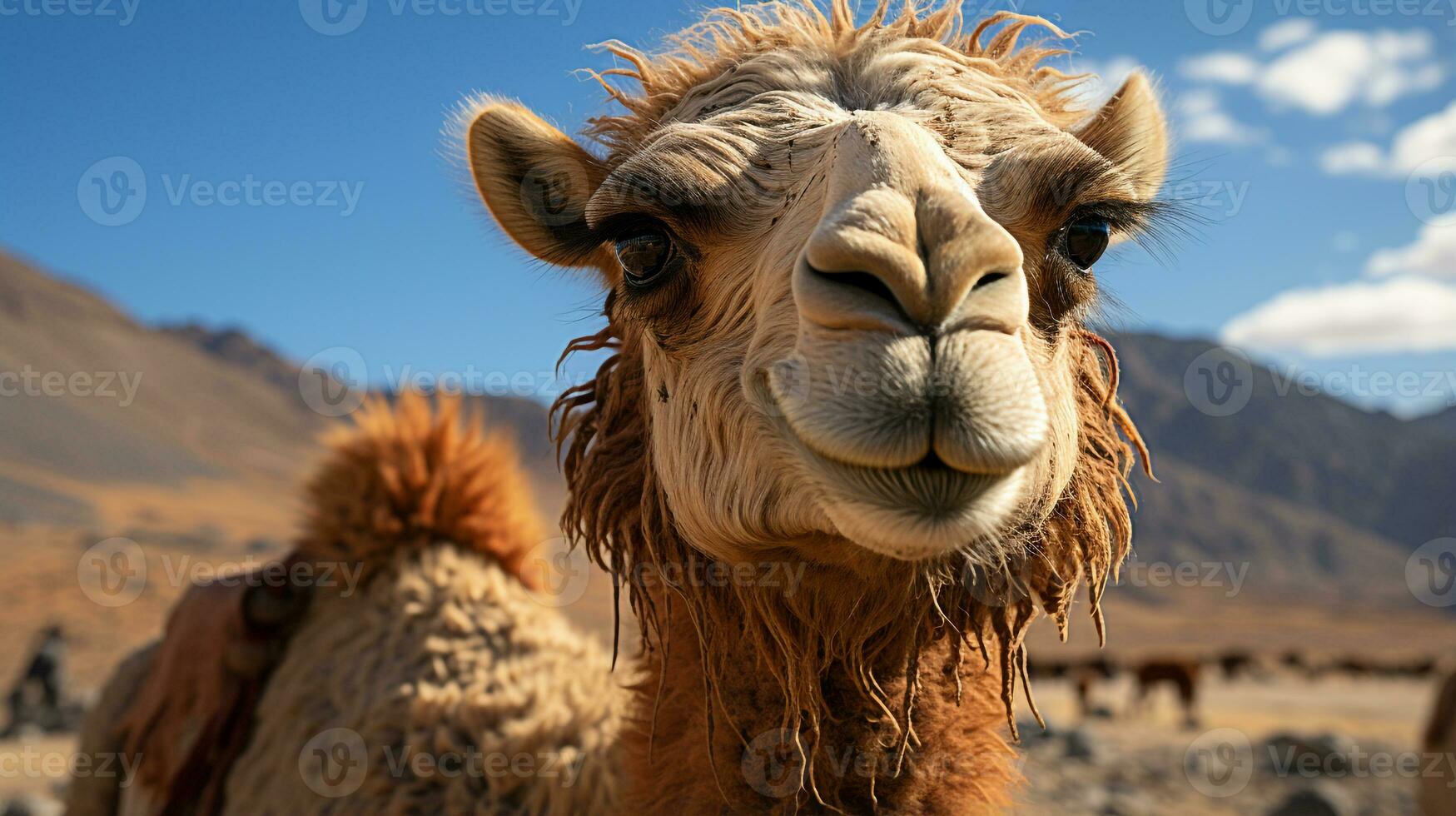 de cerca foto de un camello mirando ninguna dirección en el desierto. generativo ai