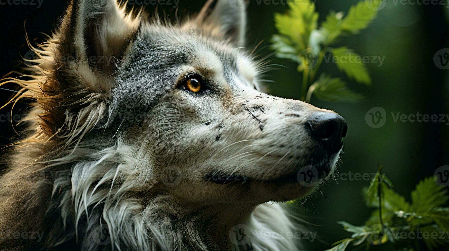 Close-up photo of a Wolf looking any direction on jungle. Generative AI