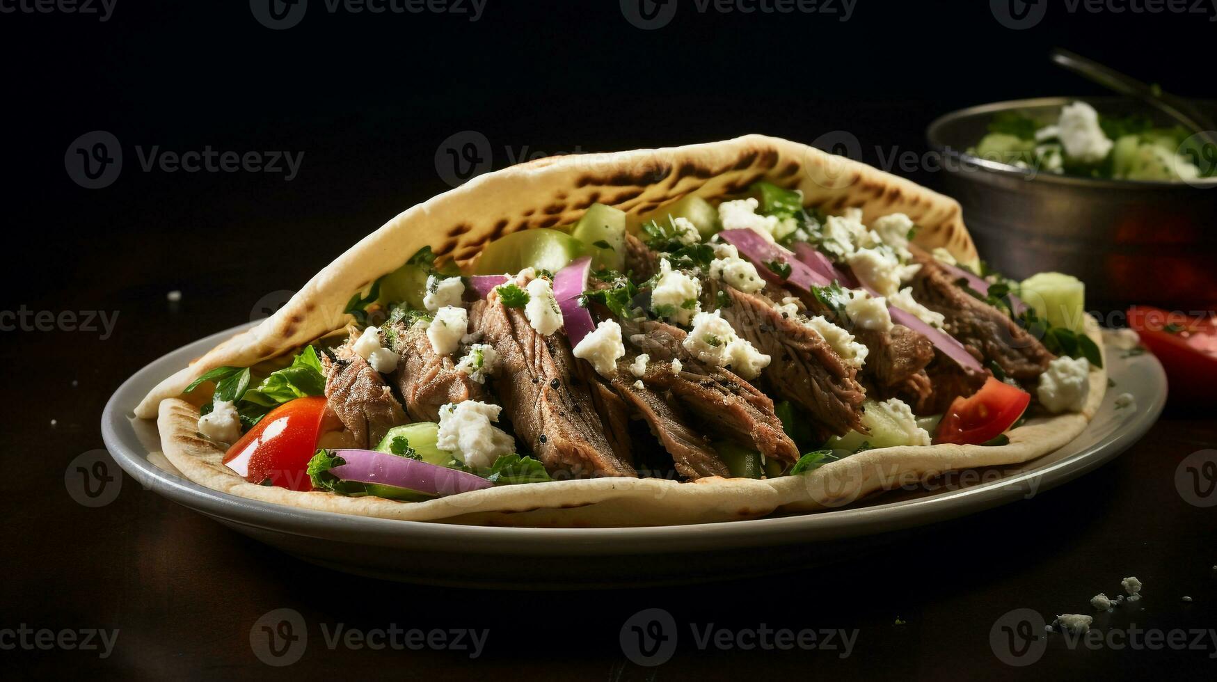 Photo of Greek Gyro as a dish in a high-end restaurant. Generative AI