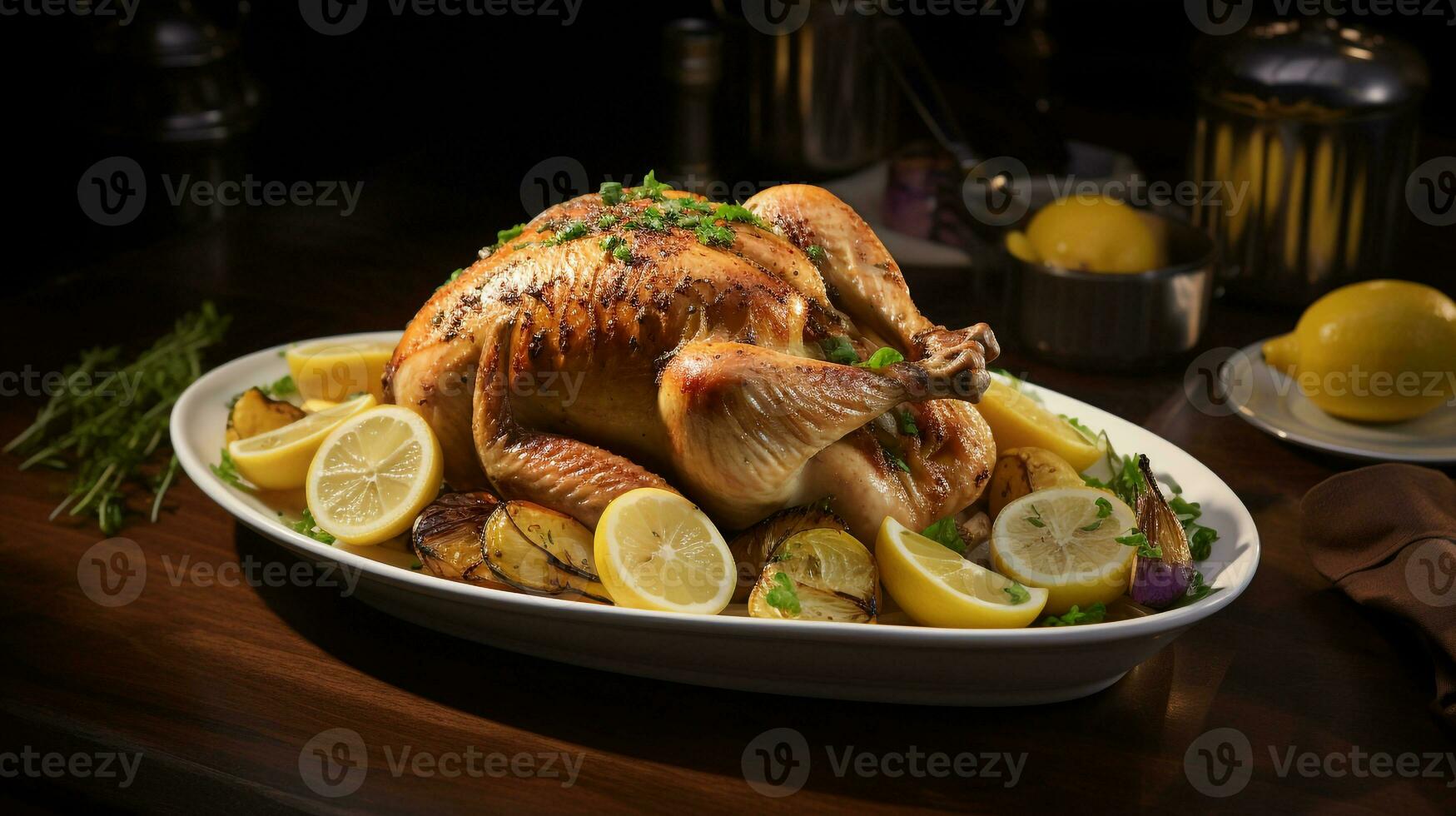 foto de limón hierba asado pollo como un plato en un gama alta restaurante. generativo ai