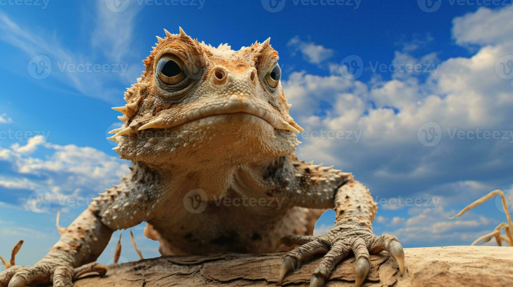 Photo of a Horned Toad in a Desert with blue sky. Generative AI