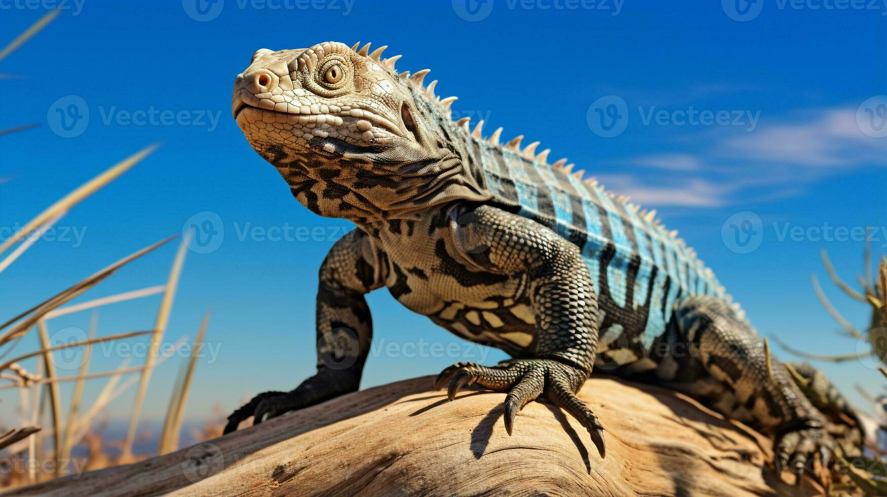 Photo of a Tegu Lizard under Blue Sky. Generative AI