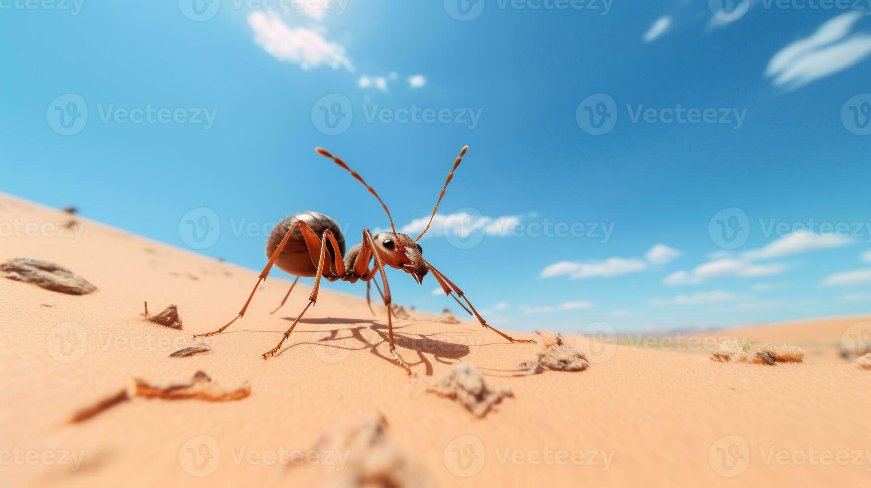 Photo of a Sahara Desert Ant in a Desert with blue sky. Generative AI