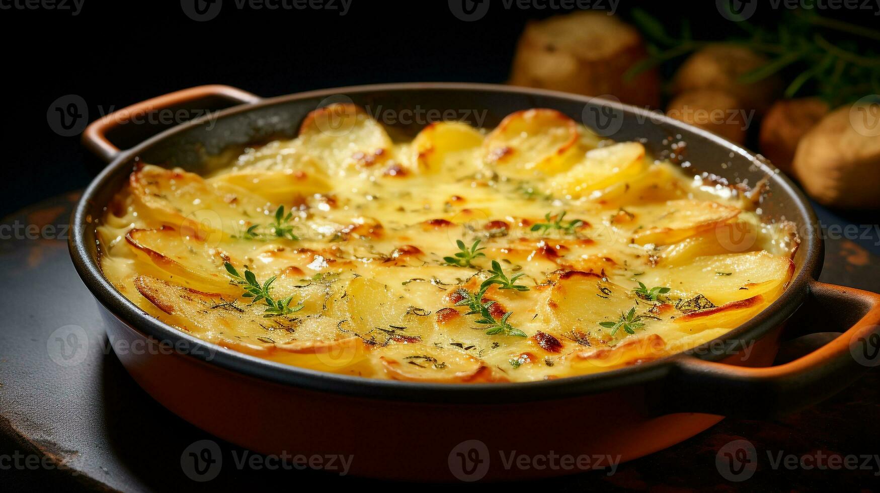 Photo of Potatoes au Gratin as a dish in a high-end restaurant. Generative AI