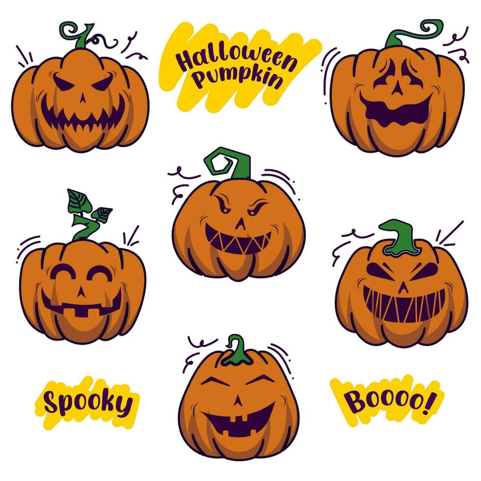 Halloween pumpkin set with unique expresion in vintage style. vector