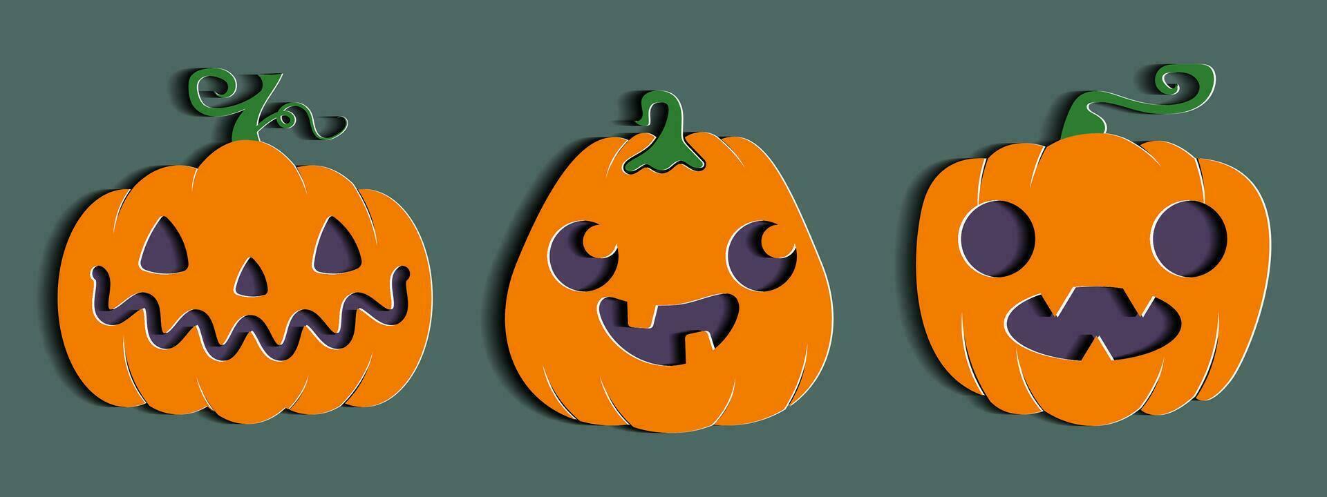 Halloween pumpkin set with unique expresion in paper cut style. vector