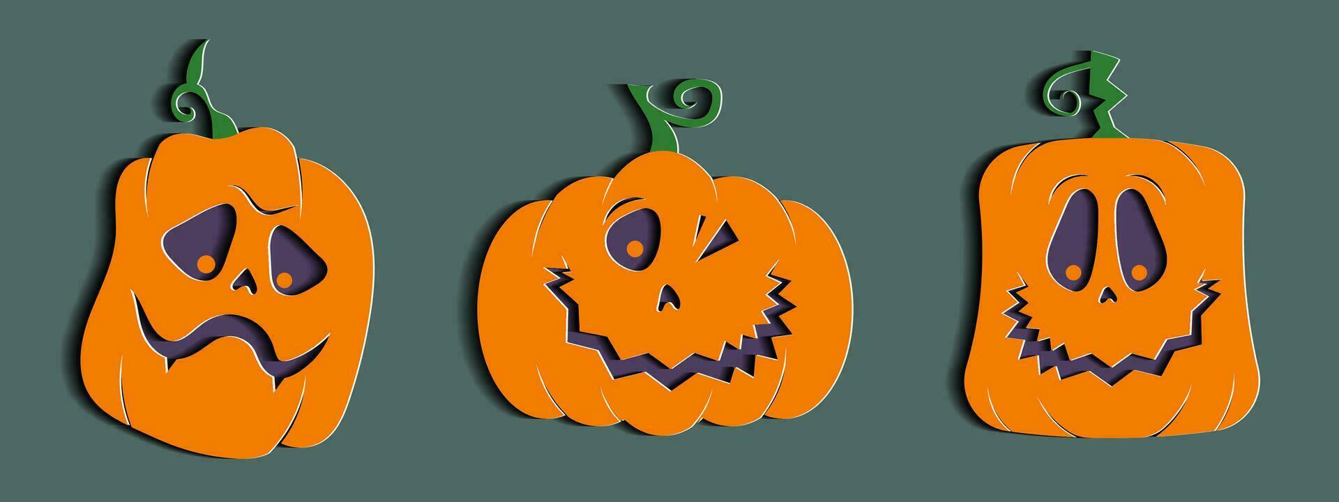 Halloween pumpkin set with unique expresion in paper cut style. vector