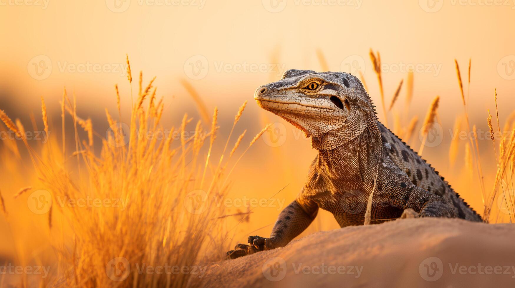 Photo of Nile Monitor on savanna at sunset.