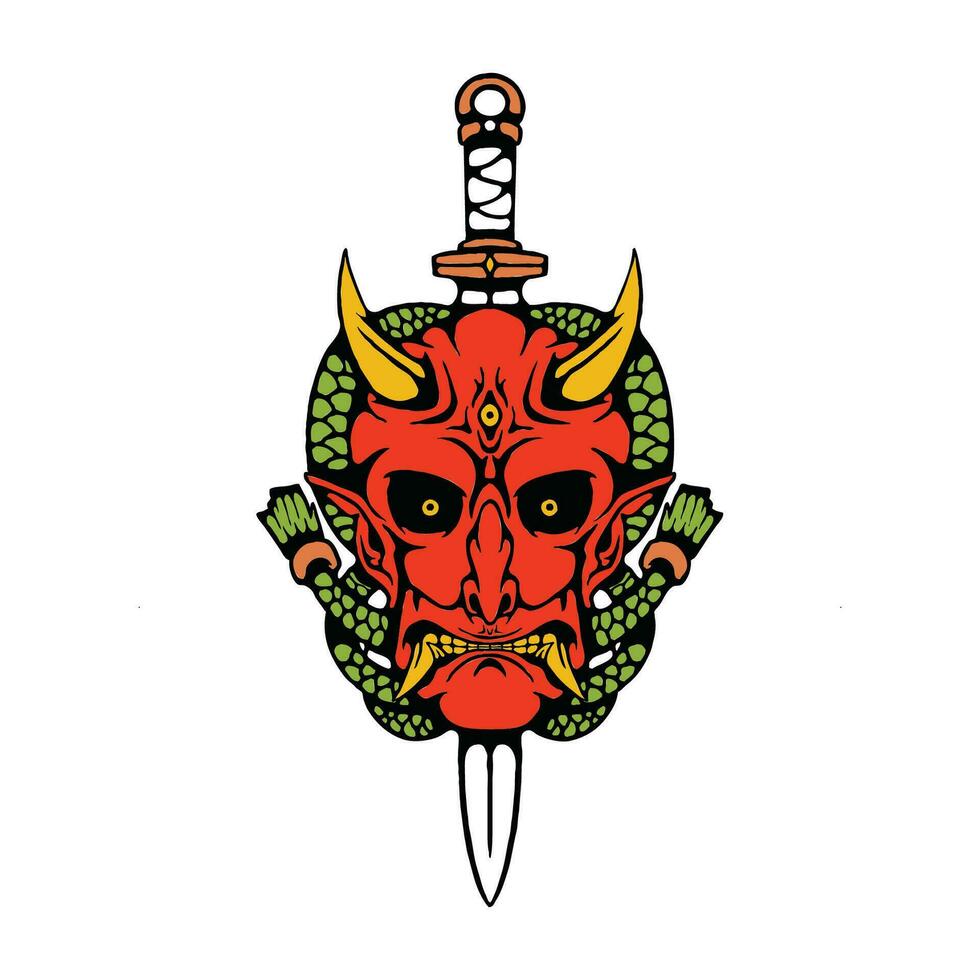 Illustration of hanya mask with samurai sword vector
