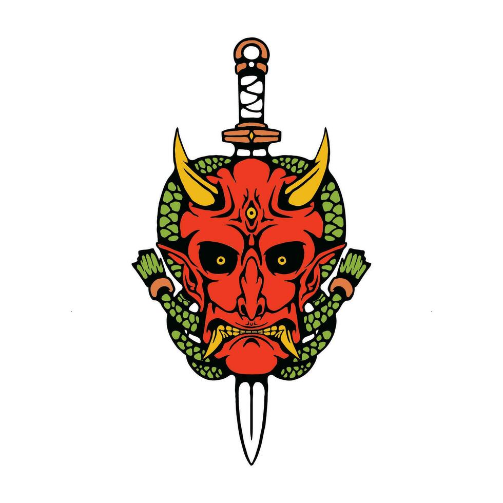 Illustration of hanya mask with samurai sword vector