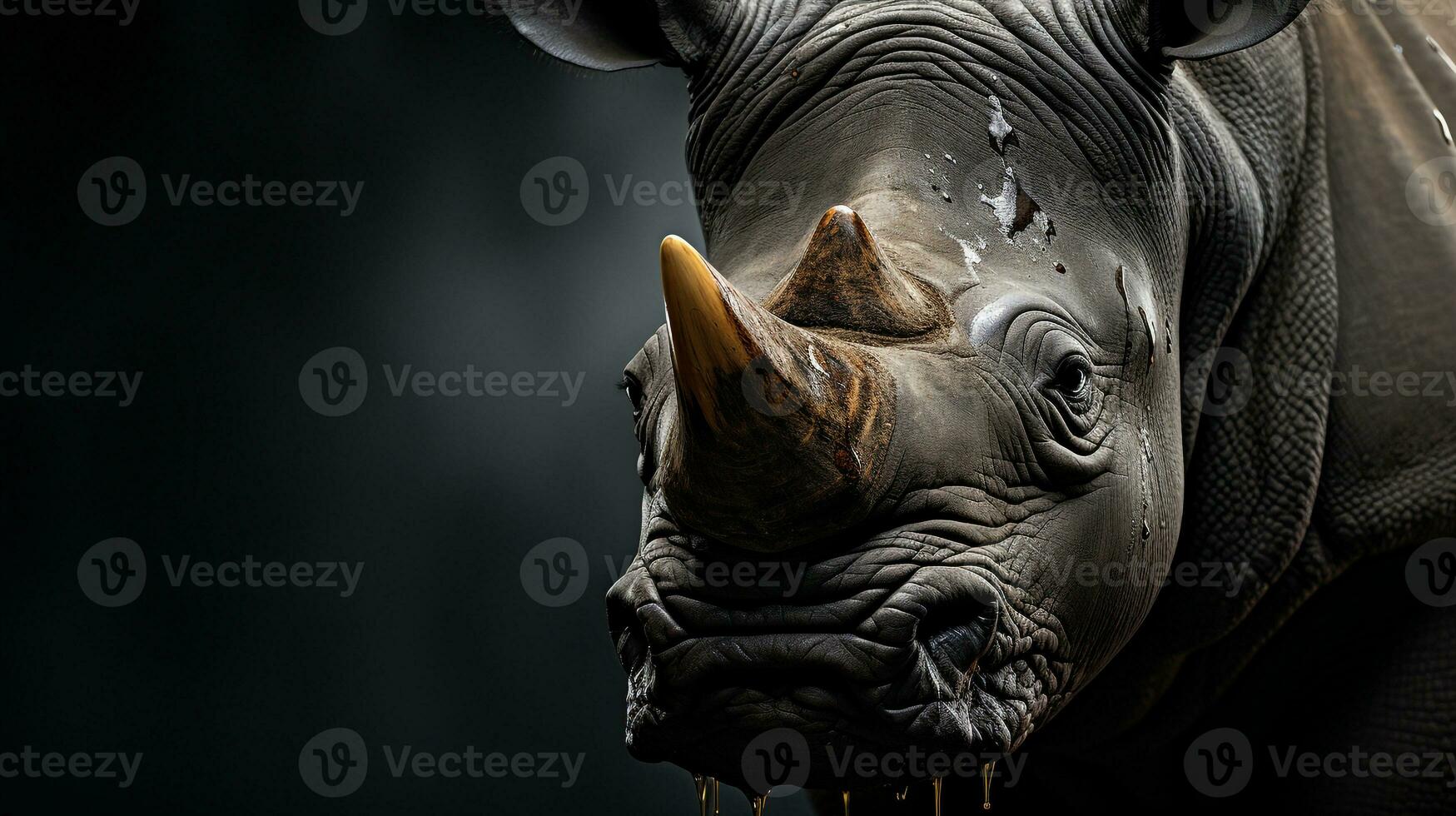 Close-up photo of a Rhinoceros looking any direction on jungle. Generative AI