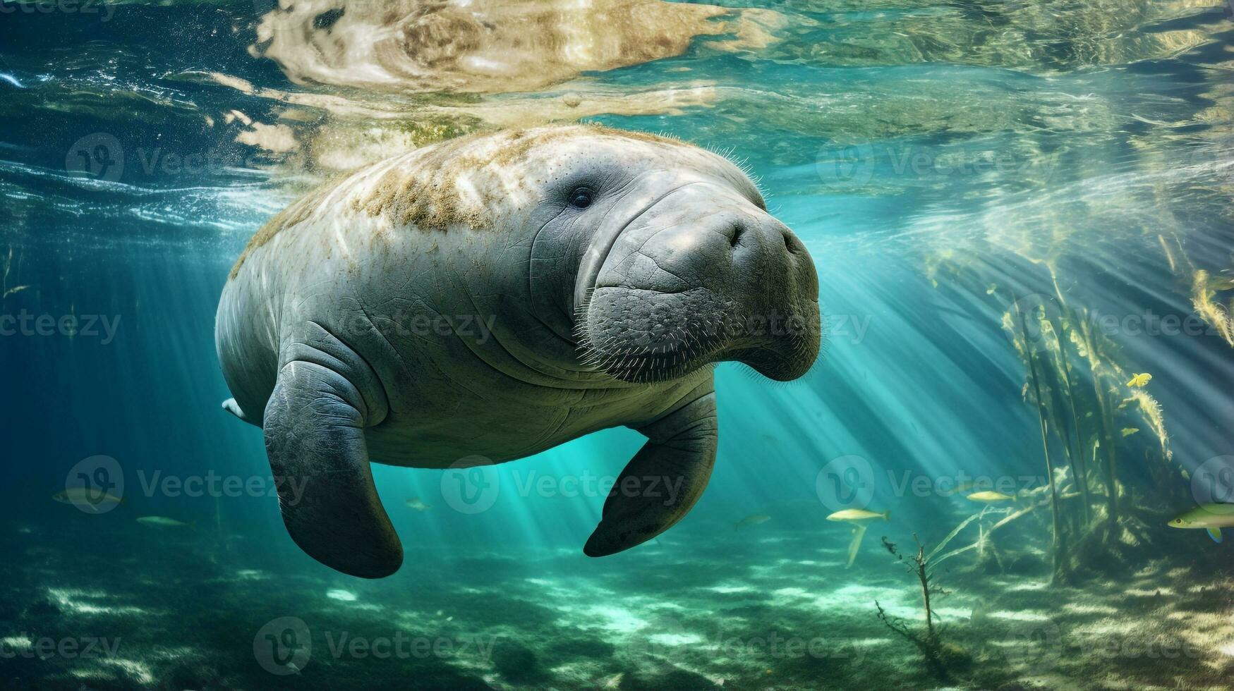 Photo of Manatee in ther forest with blue sky. Generative AI