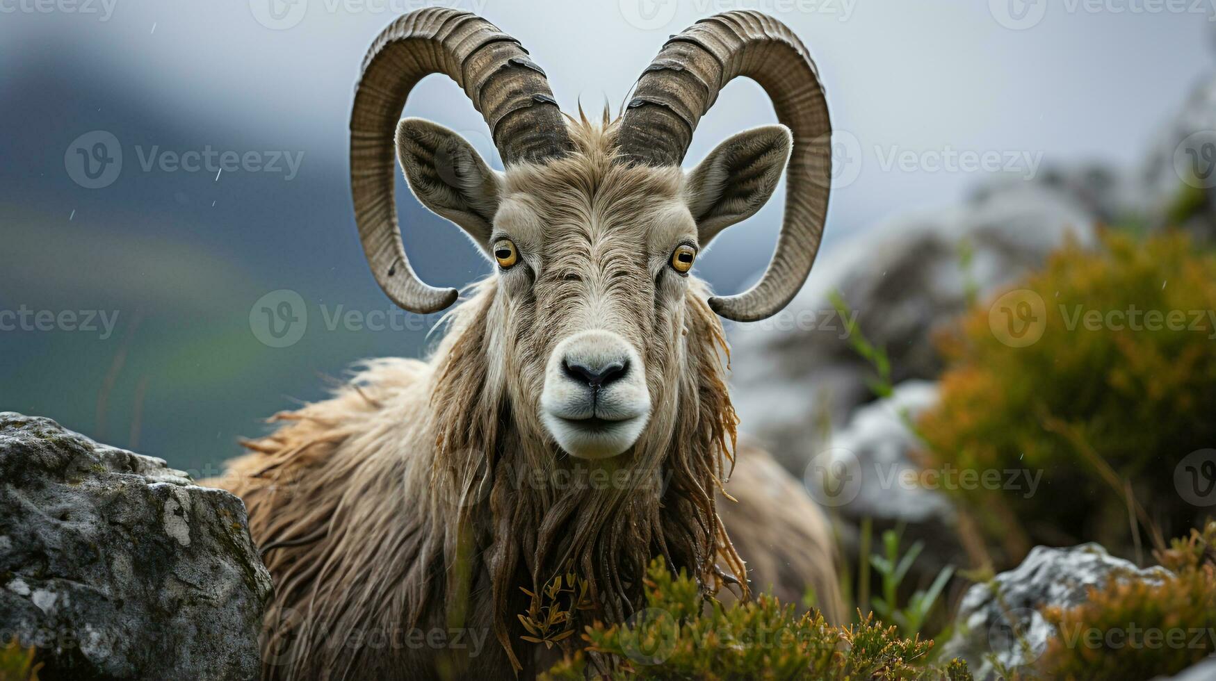 Close-up photo of a Ibex looking any direction. Generative AI