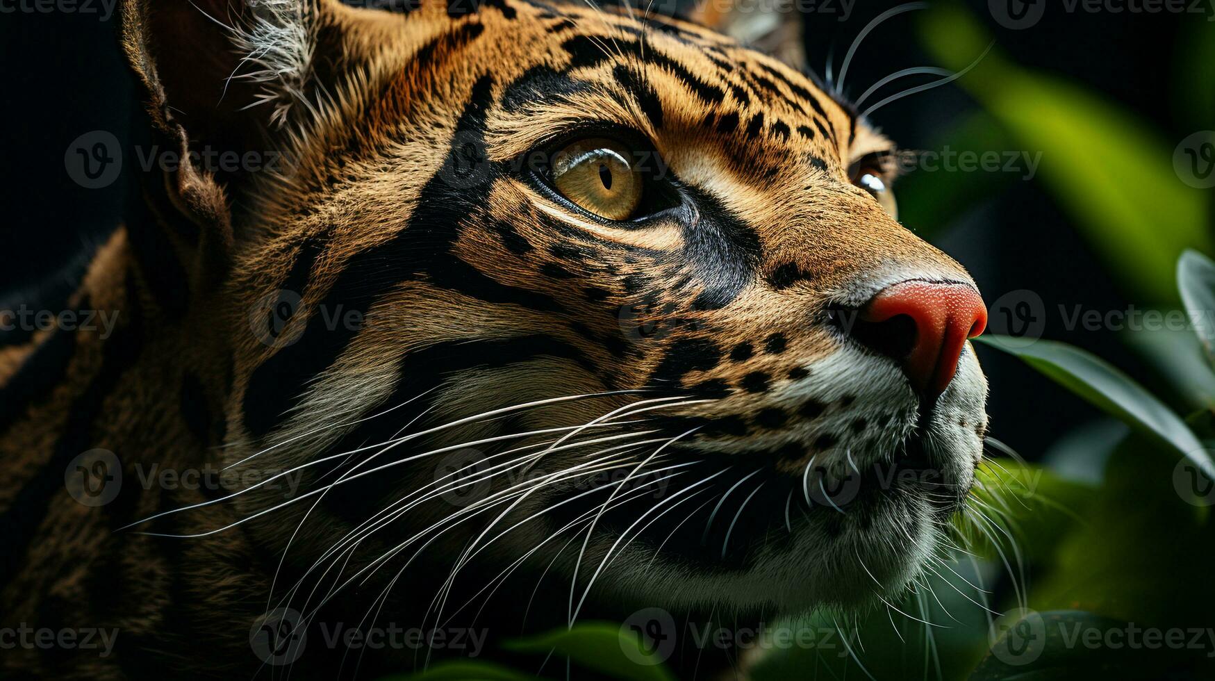 Close-up photo of a Ocelot looking any direction on jungle. Generative AI