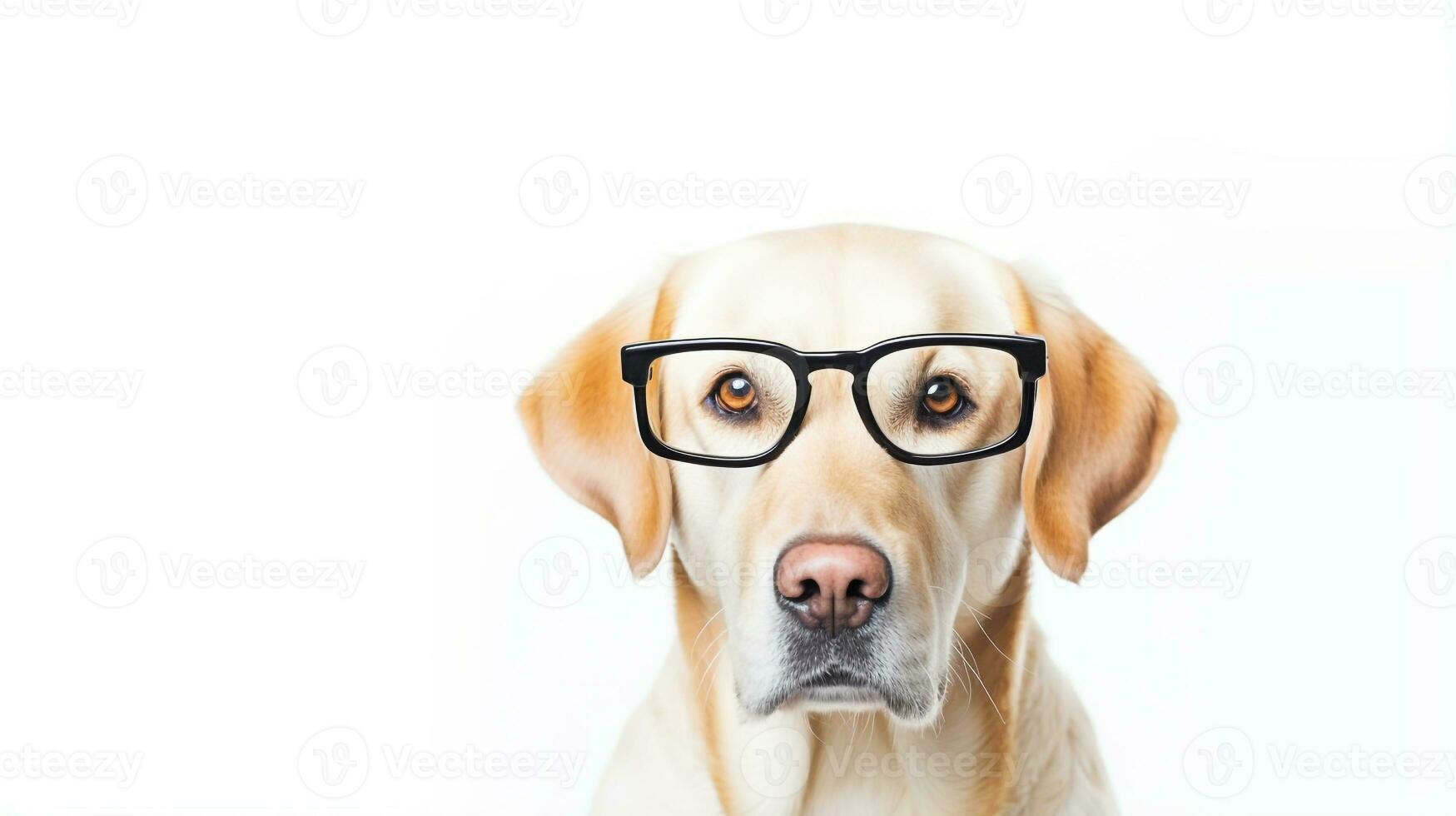 Photo of a Labrador Retriever dog using eyeglasses isolated on white background. Generative AI