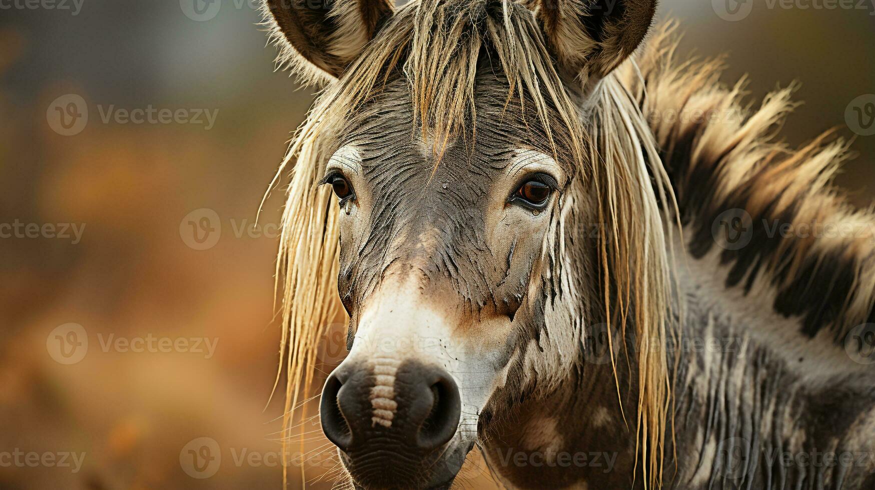 Close-up photo of a Zonkey looking any direction. Generative AI