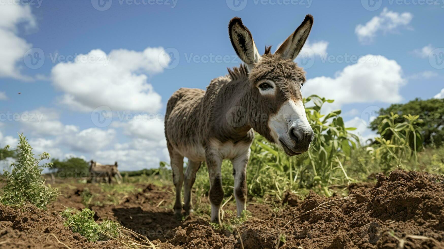 Photo of a Donkey in the Farmland. Generative AI