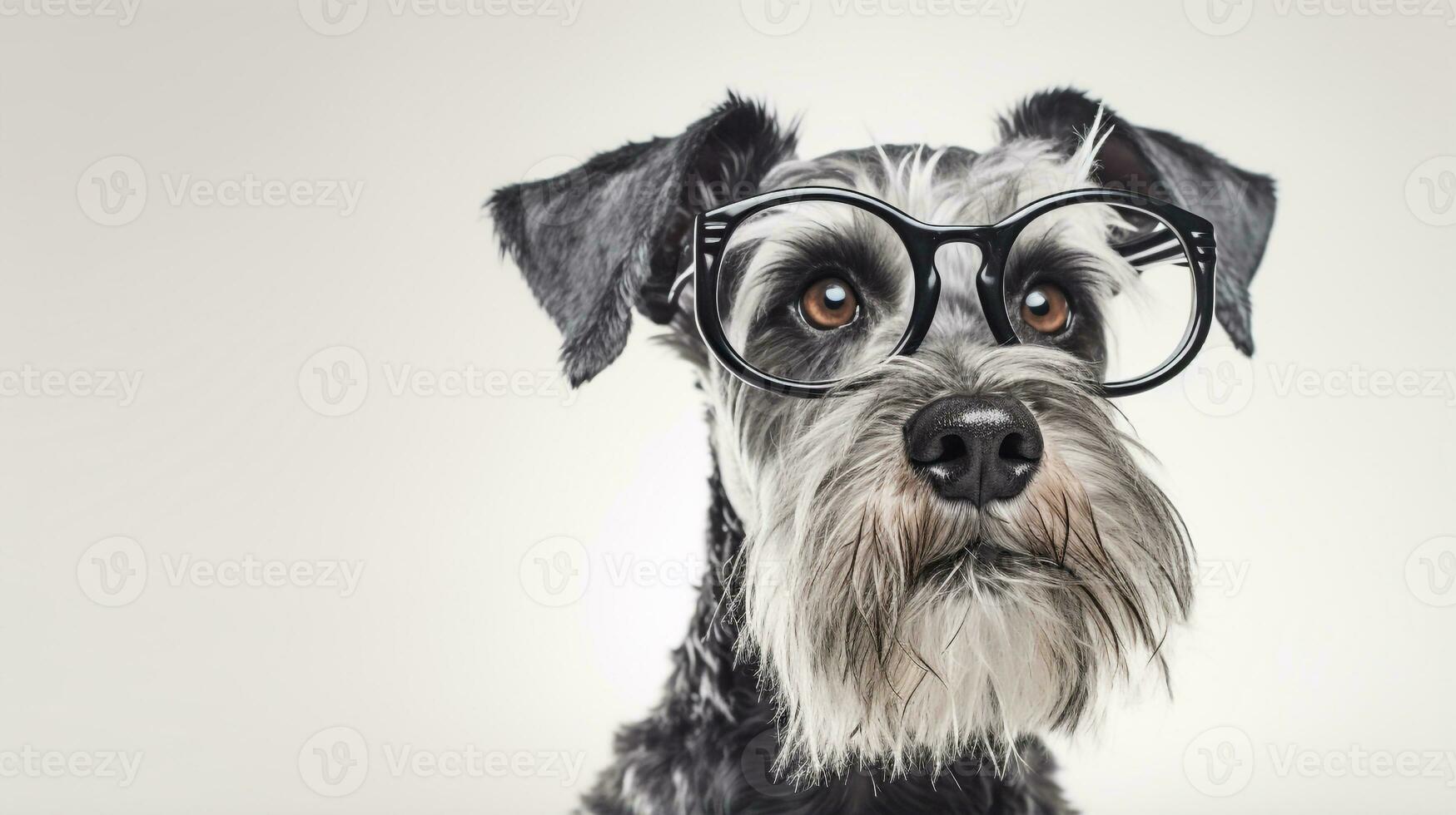 Photo of a Miniature Schnauzer dog using eyeglasses isolated on white background. Generative AI