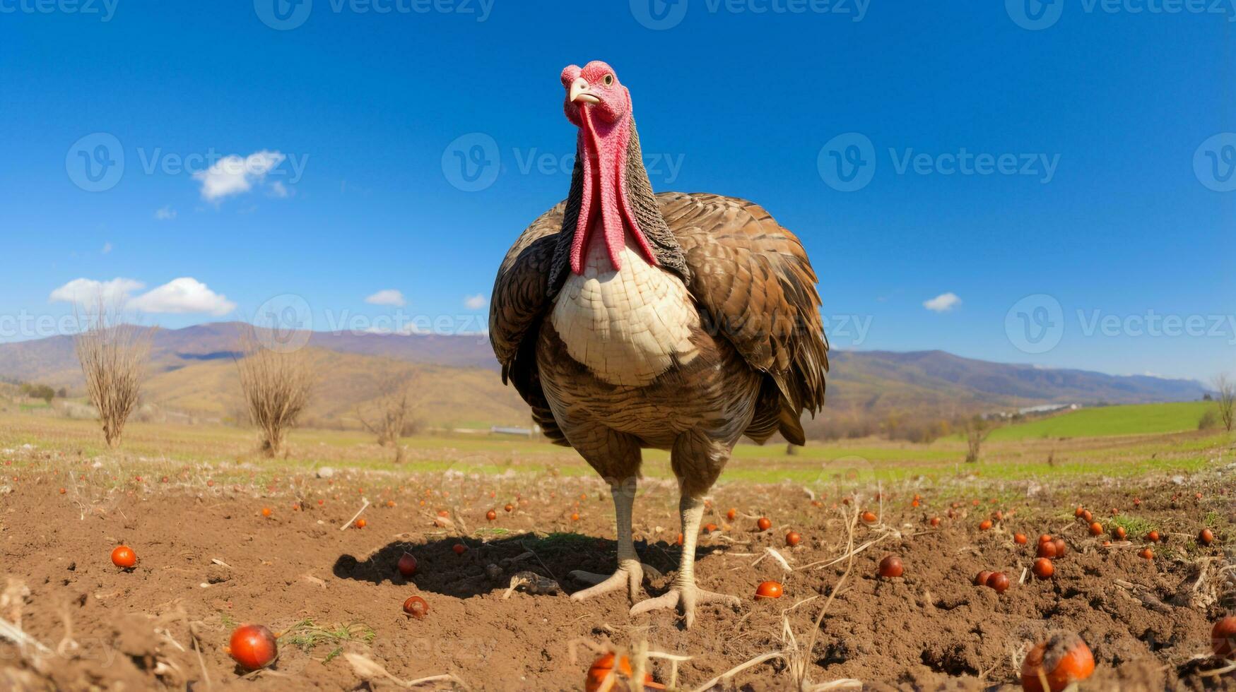 Photo of a Turkey in the Farmland. Generative AI