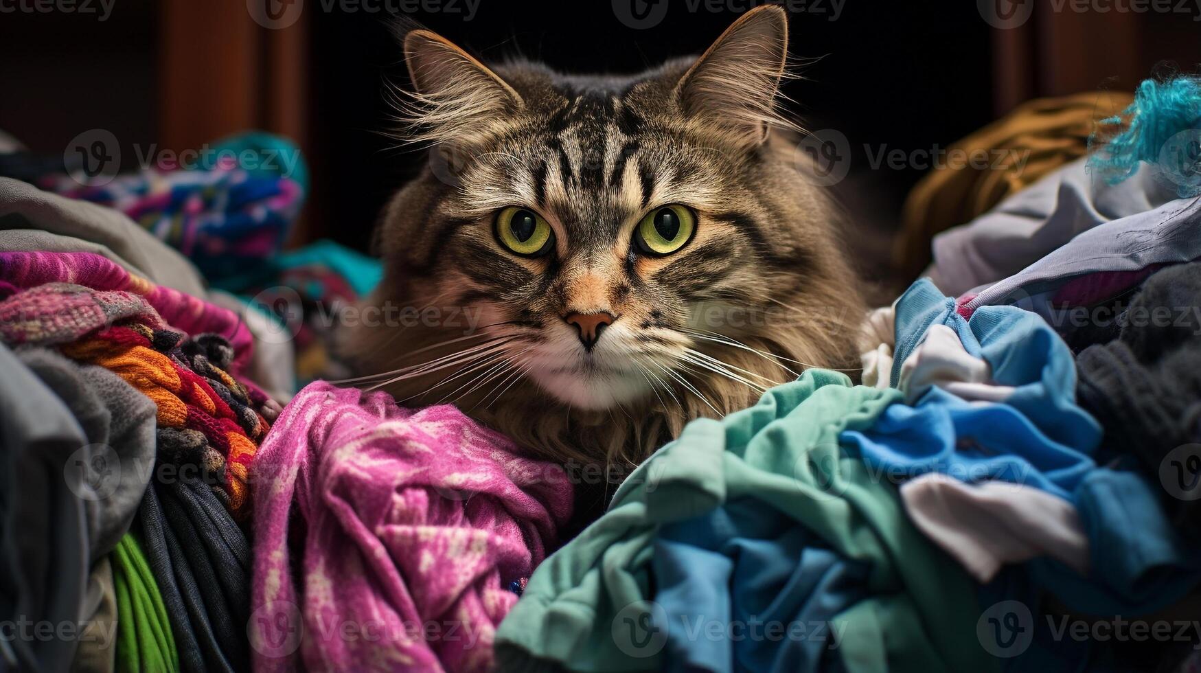 Photo of The cat is hiding in the clothes basket. Generative AI