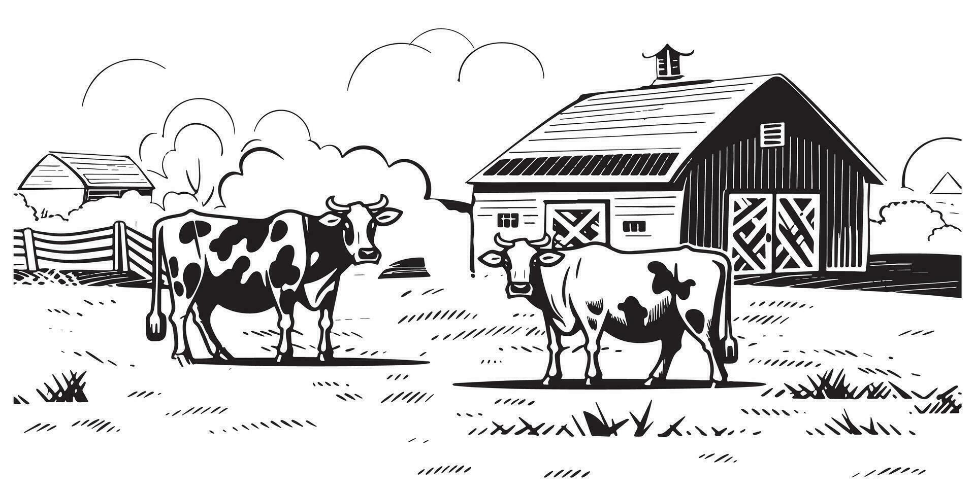 Cows grazing in the field on the background of the farm hand drawn sketch Vector illustration