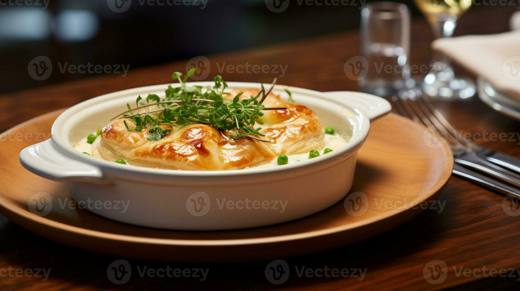 Photo of Chicken Pot Pie as a dish in a high-end restaurant. Generative AI