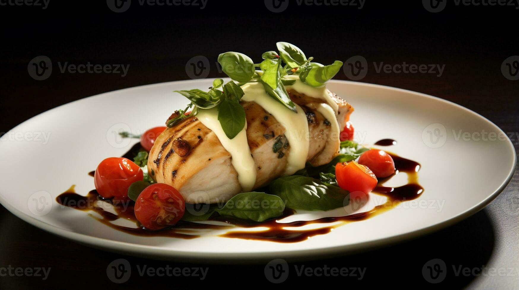 Photo of Caprese Stuffed Chicken as a dish in a high-end restaurant. Generative AI