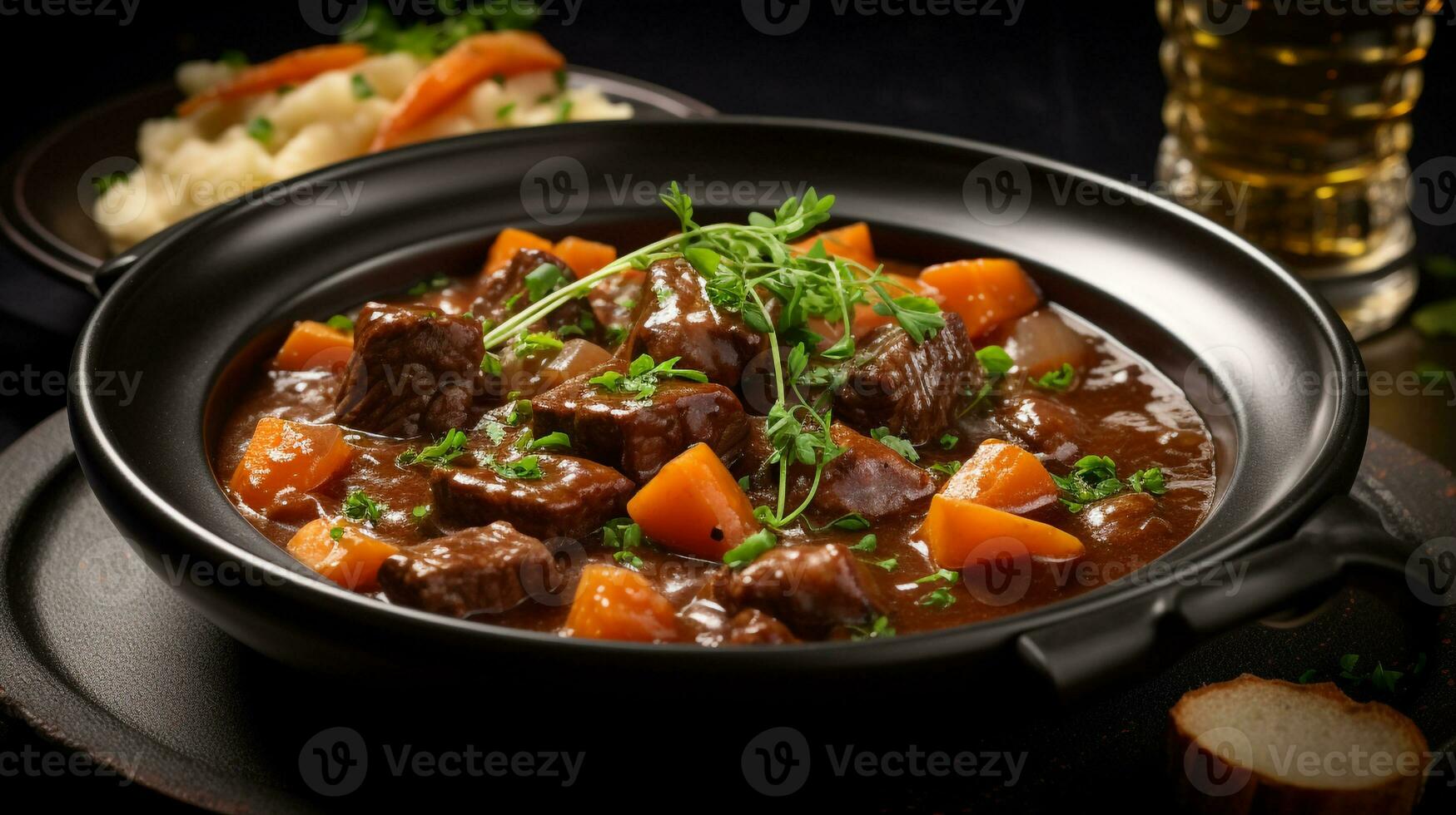 Photo of Beef and Guinness Stew as a dish in a high-end restaurant. Generative AI