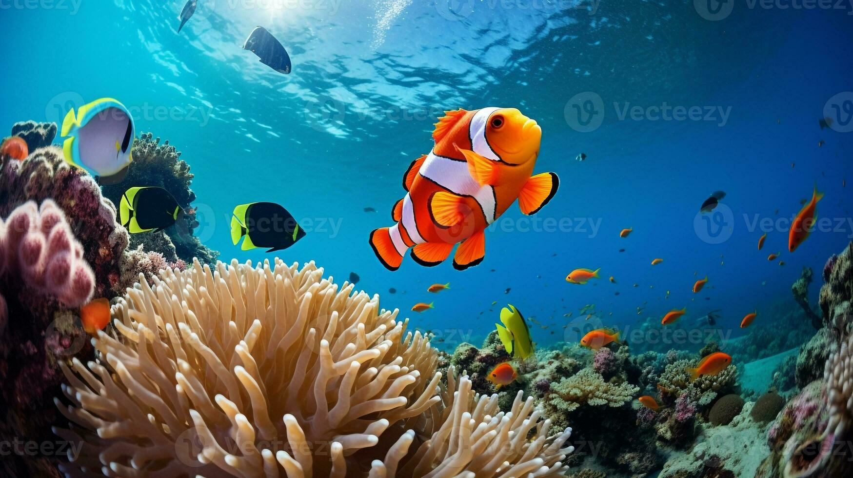 Photo of Clownfish with various fish between healthy coral reefs in the blue ocean. Generative AI